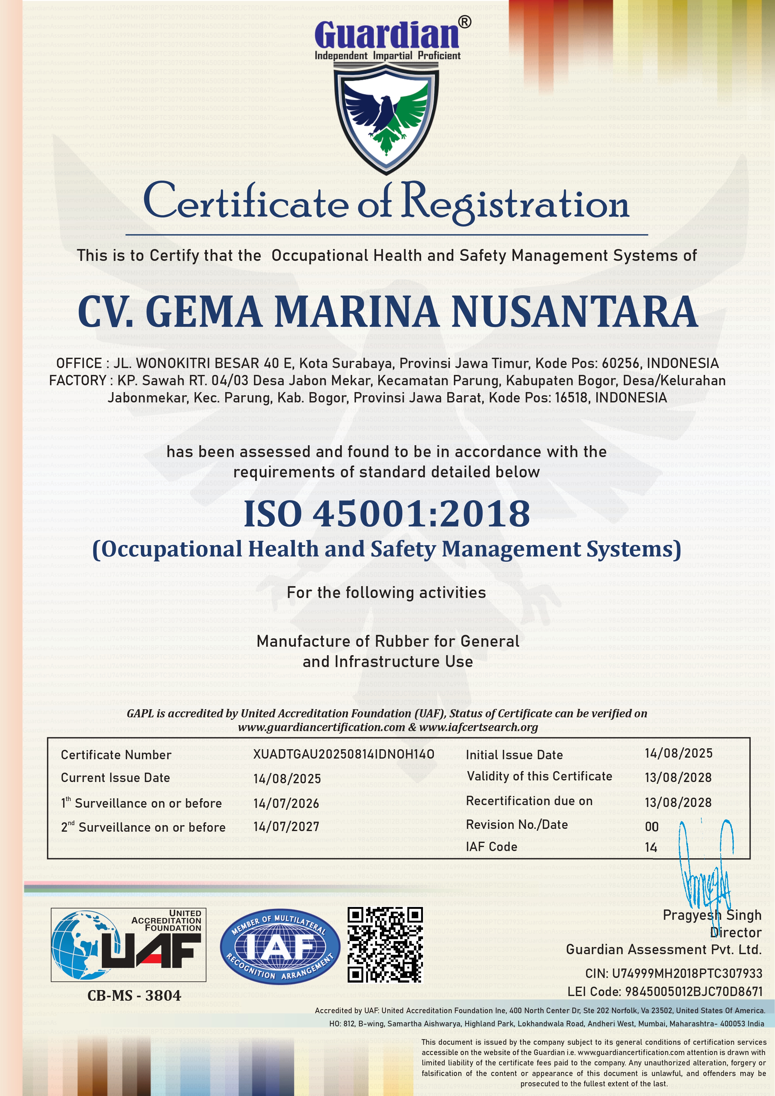 ISO 45001:2018 Rubber Manufacture for General Use and Infrastructure Use